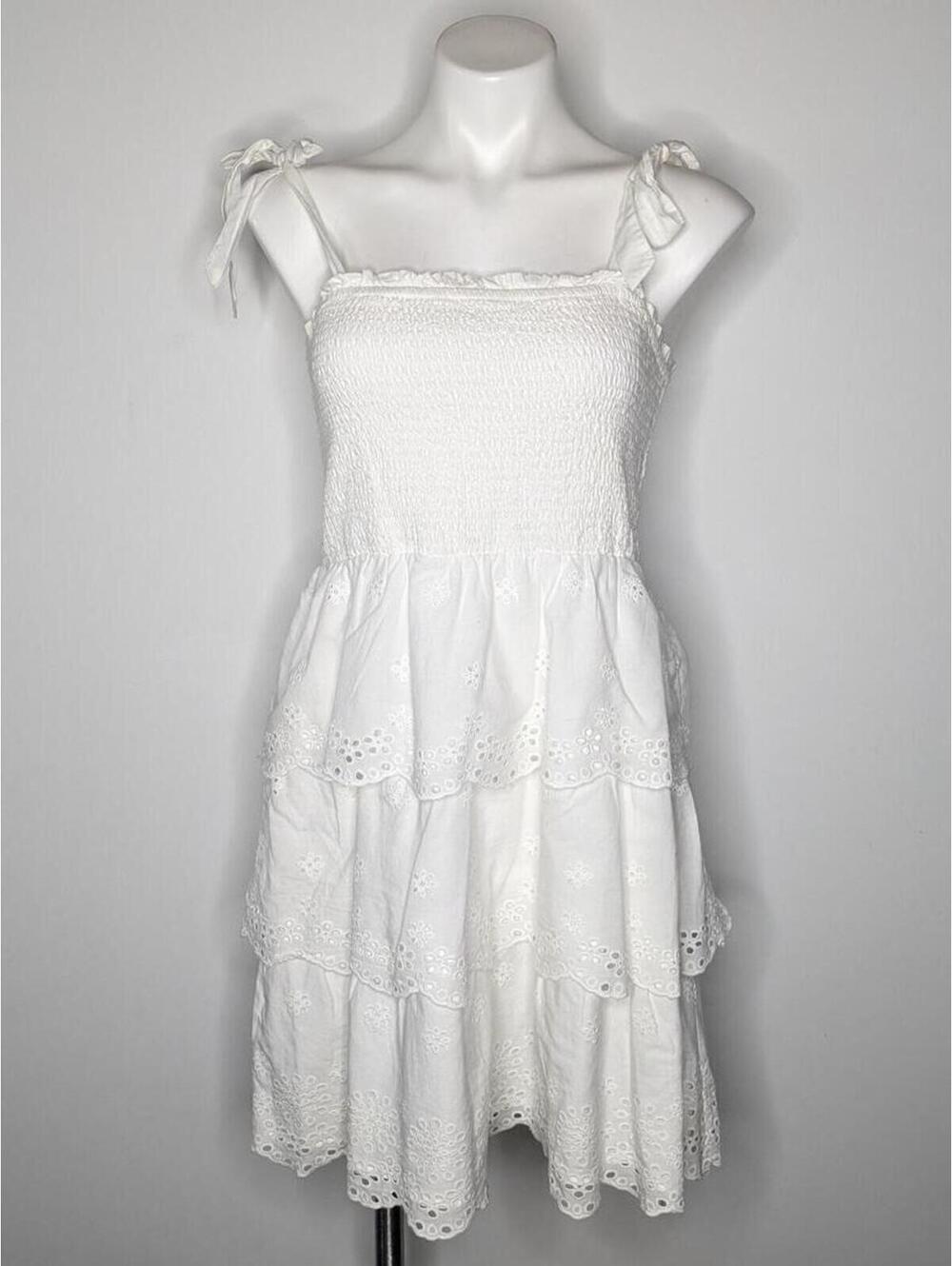 American Eagle White Smocked Eyelet Lace Tiered Cotton Summer Sun Dress M